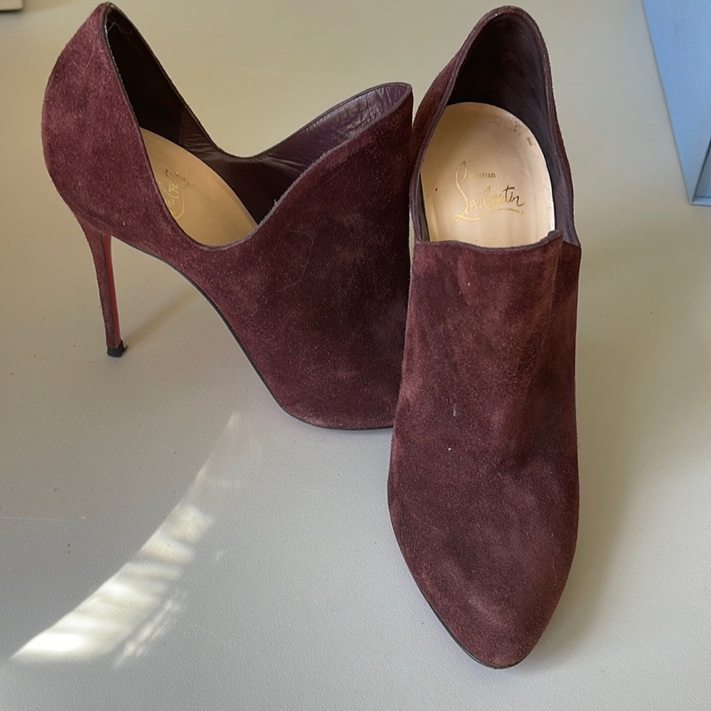 Christian Louboutin slip on sexy eggplant suede stilettos. 4” heel. Worn twice.
